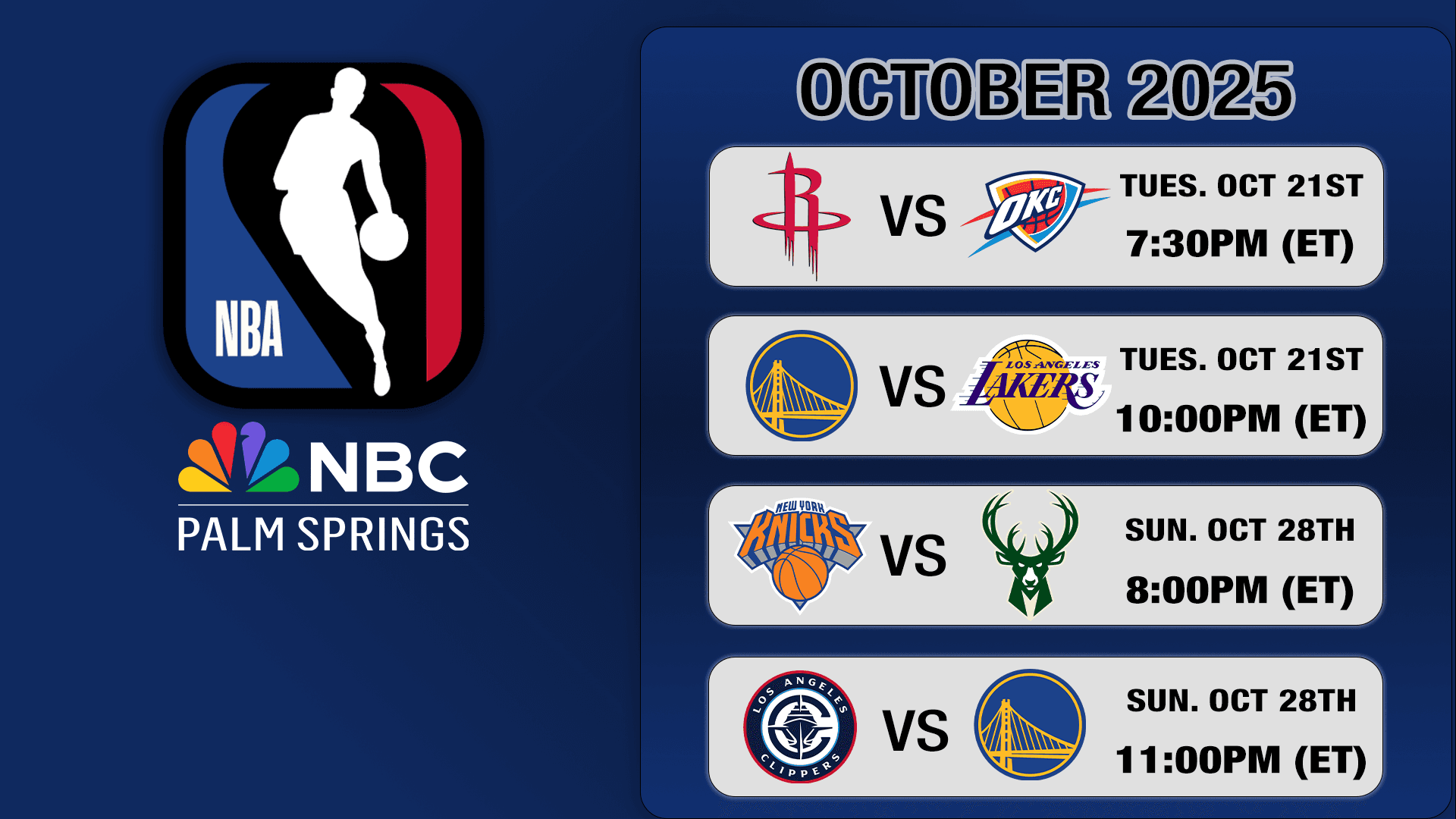 NBA Schedule for October 2025 showing games on NBC and Peacock - Rockets vs Thunder (Oct 21, 7:30PM), Warriors vs Lakers (Oct 21, 10:00PM), Knicks vs Bucks (Oct 28, 8:00PM), and Clippers vs Warriors (Oct 28, 11:00PM)
